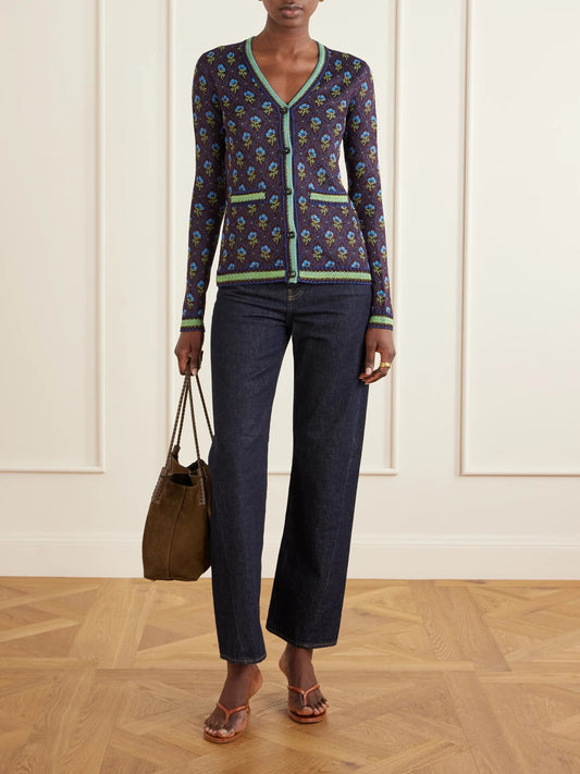 Image of a model wearing Outerwear. Product name - Embroidered Jacquard Cardigan in Blue colour by brand - Etro