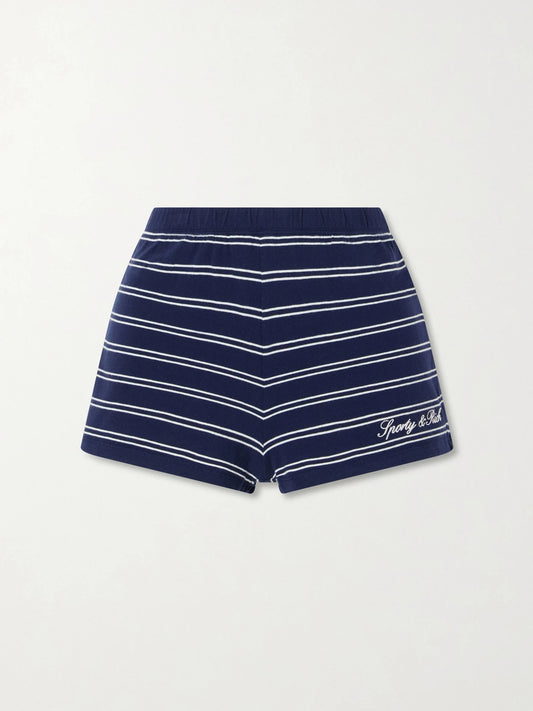 Image of Sleepwear & Loungewear. Product name - Logo-embroidered Striped Cotton-jersey Shorts in Navy colour by brand - Sporty & Rich