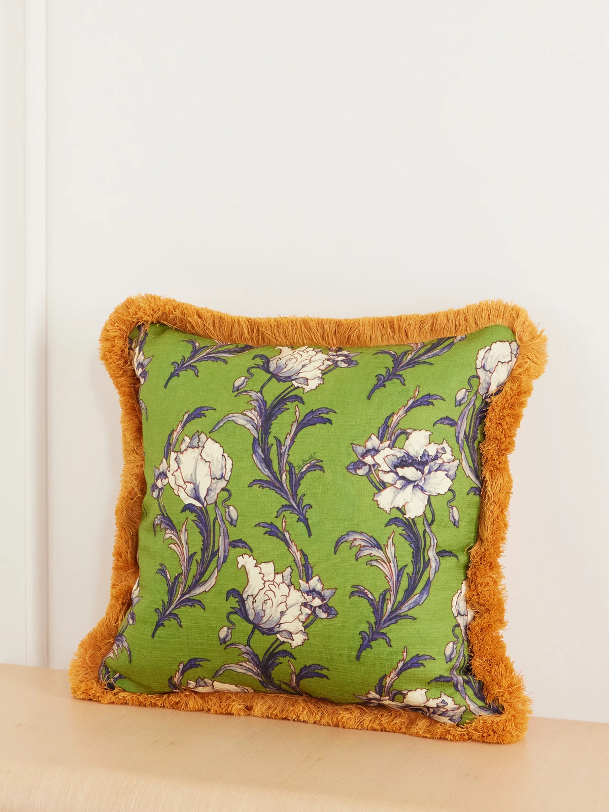 Floral-printed Fringed-trimmed Cushion