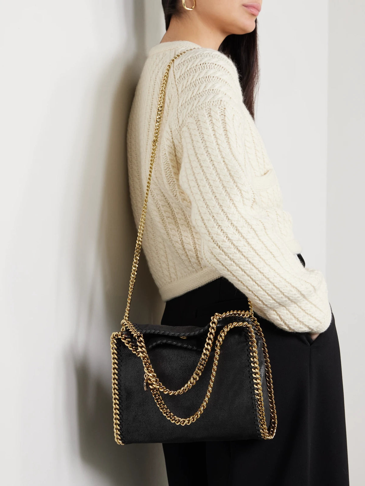 Image of Bags. Product name - The Falabella Mini Faux Brushed-leather Shoulder Bag in Black colour by brand - Stella McCartney