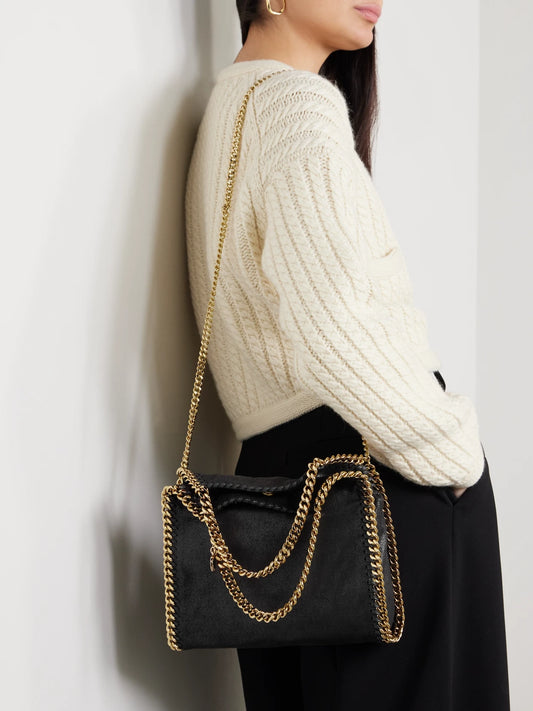 Image of Bags. Product name - The Falabella Mini Faux Brushed-leather Shoulder Bag in Black colour by brand - Stella McCartney