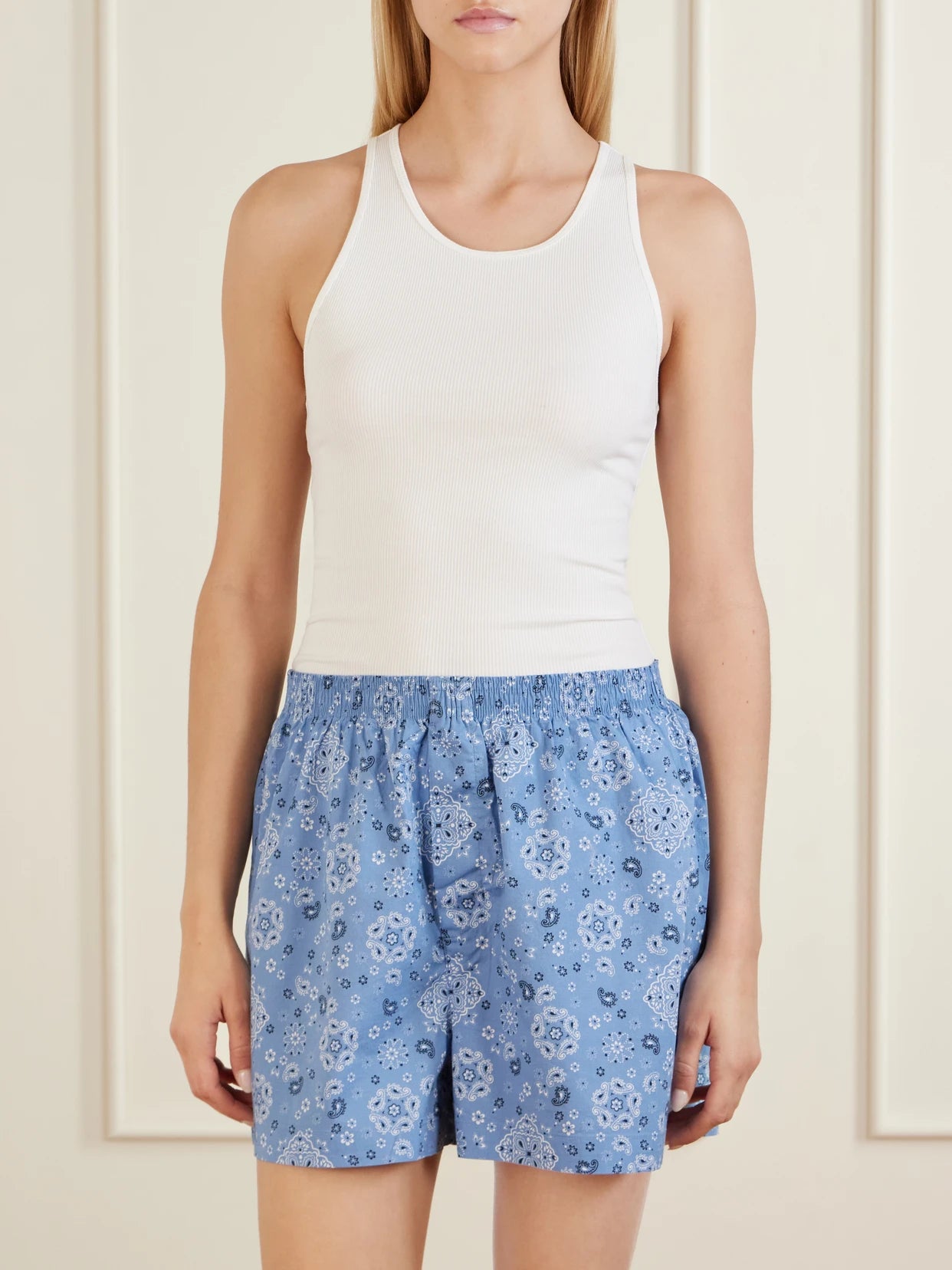 Image of Lingerie. Product name - Cotton-blend Top And Boxer Pajamas Set in Blue colour by brand - SKIMS