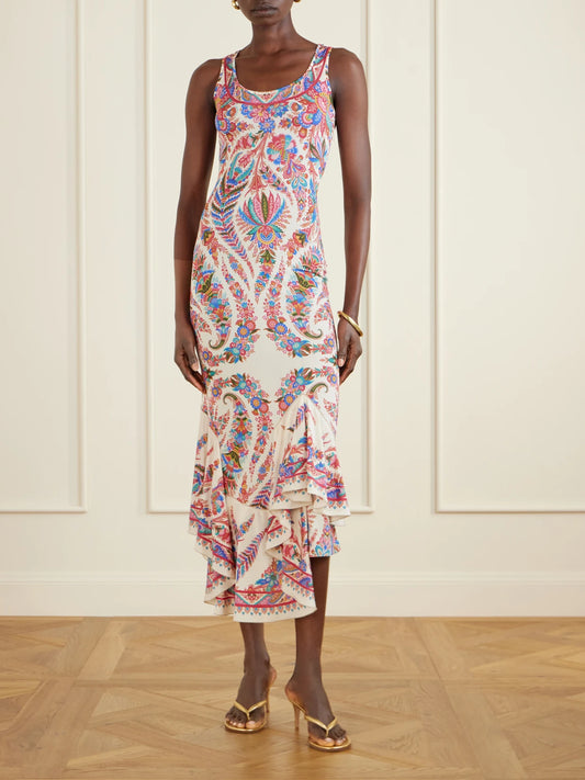 Image of Dresses. Product name - Cut-out Paisley-print Satin-jersey Midi Dress in Multi colour by brand - Etro
