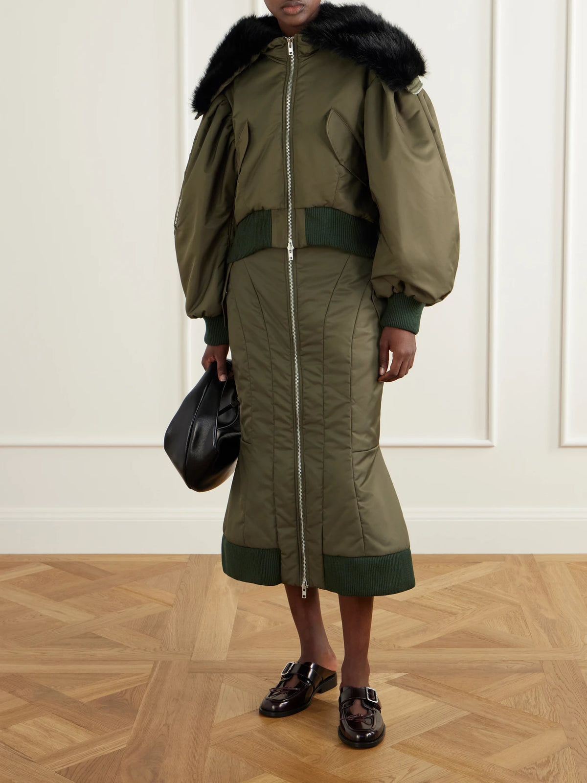 Image of Coats & Jackets. Product name - Hooded Cropped Plush-trimmed Shell Bomber Jacket in Green colour by brand - Simone Rocha