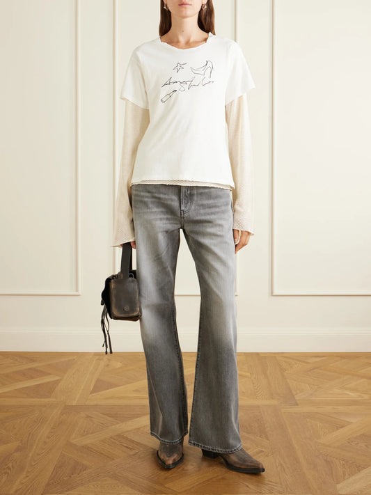 Image of a model wearing Tops. Product name - Evina Layered Logo-printed Mesh-trimmed Cotton And Hemp-blend T-shirt in Off-white colour by brand - Acne Studios