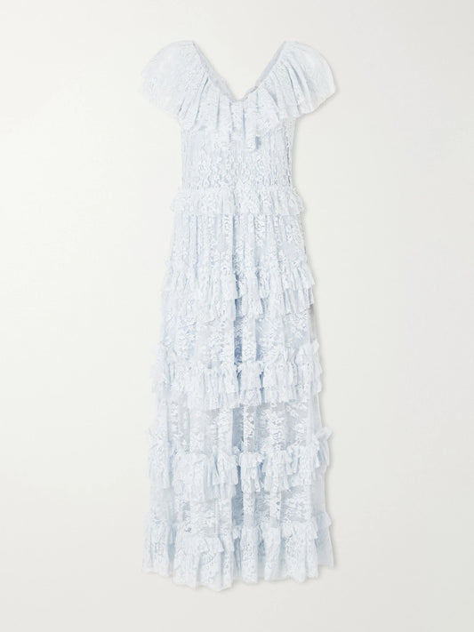 Image of Dresses. Product name - Sharleen Ruffled Lace Maxi Dress in Sky blue colour by brand - Sea