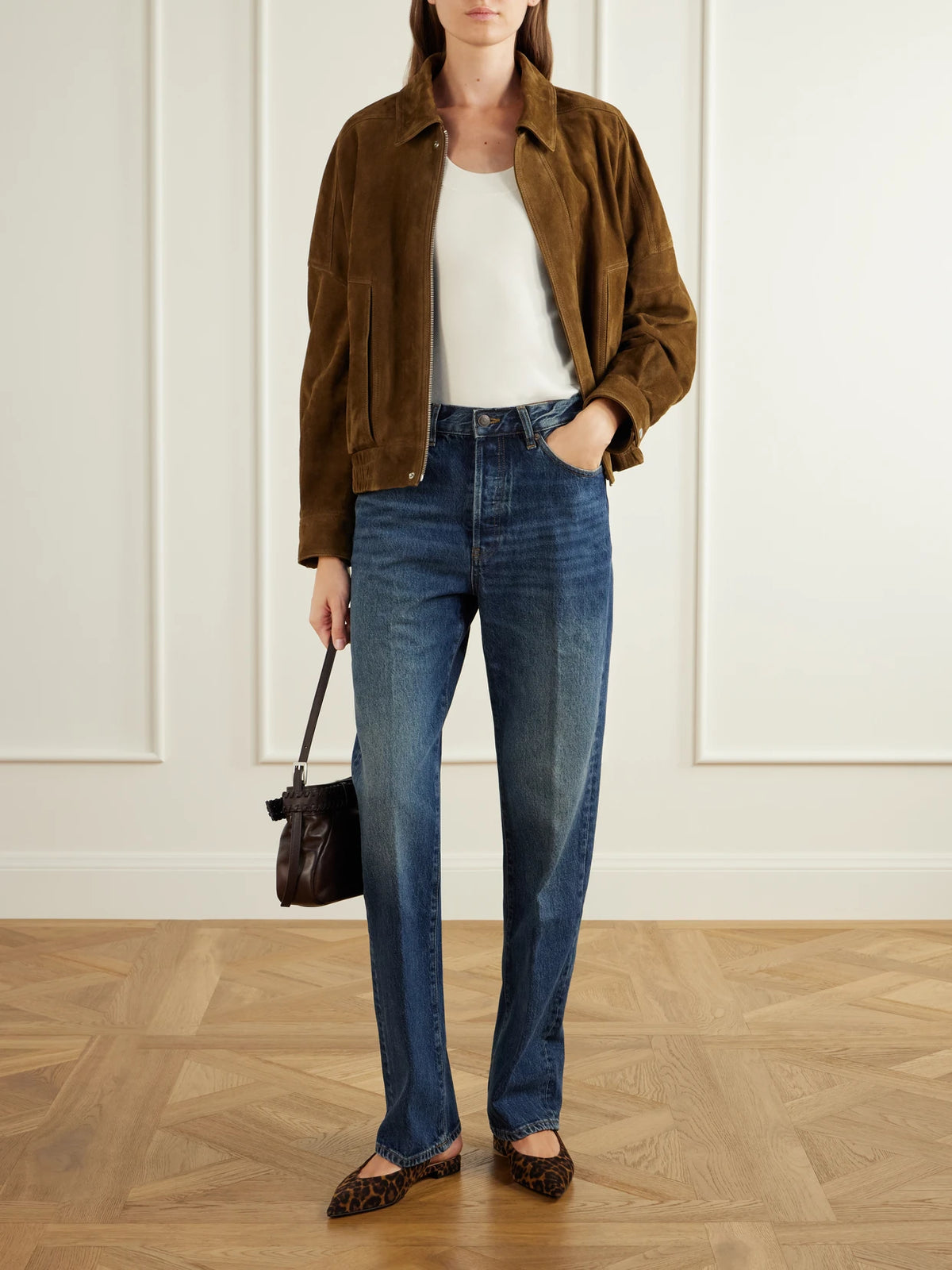 Image of Jeans. Product name - + Sotheby's The Sotheby's Vertical High-rise Straight-leg Jeans in Mid denim colour by brand - FRAME
