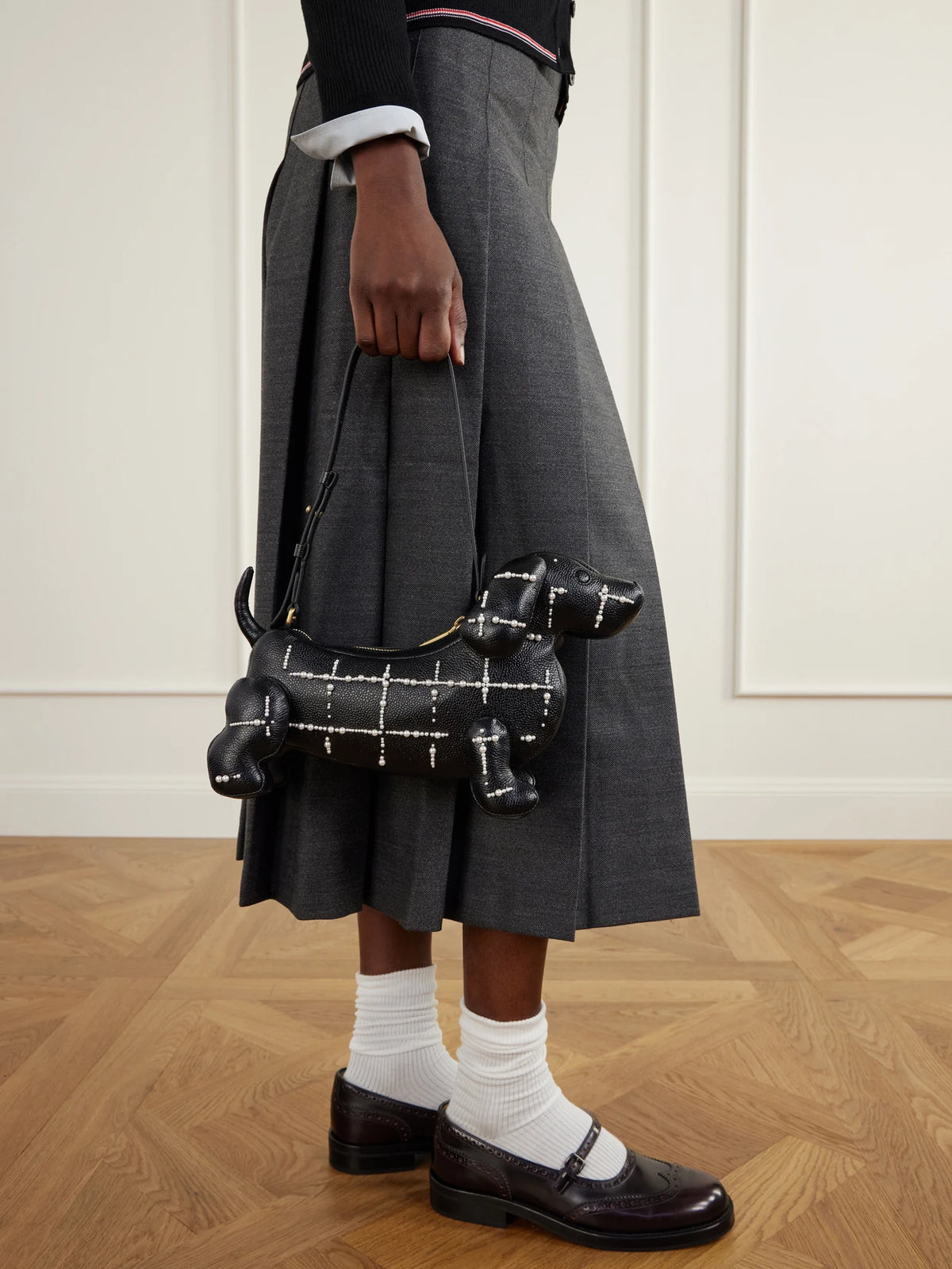 Image of Bags. Product name - Baby Hector Bead-embellished Leather Tote in Black colour by brand - Thom Browne