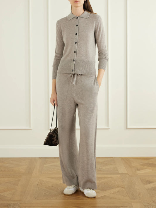 Image of a model wearing Pants. Product name - Suria Ribbed Organic Cashmere Wide-leg Pants in Taupe, Dark purple colour by brand - Le Kasha