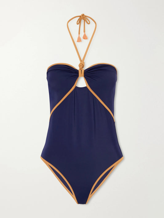 Image of Swimwear. Product name - Salt And Saddle Halterneck Swimsuit in Navy colour by brand - Johanna Ortiz