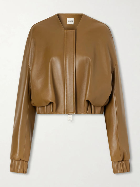 Image of Coats & Jackets. Product name - Cordan Cropped Leather Bomber Jacket in Beige colour by brand - KHAITE