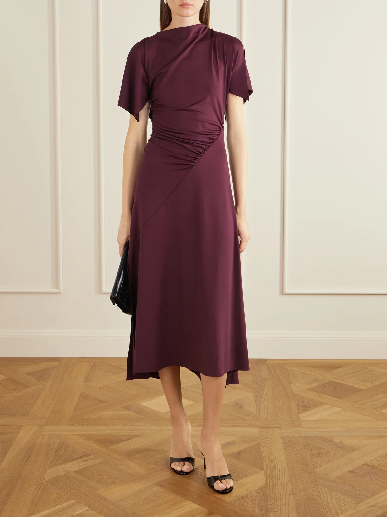 Image of Dresses. Product name - Draped Satin-jersey Midi Dress in Burgundy colour by brand - Victoria Beckham