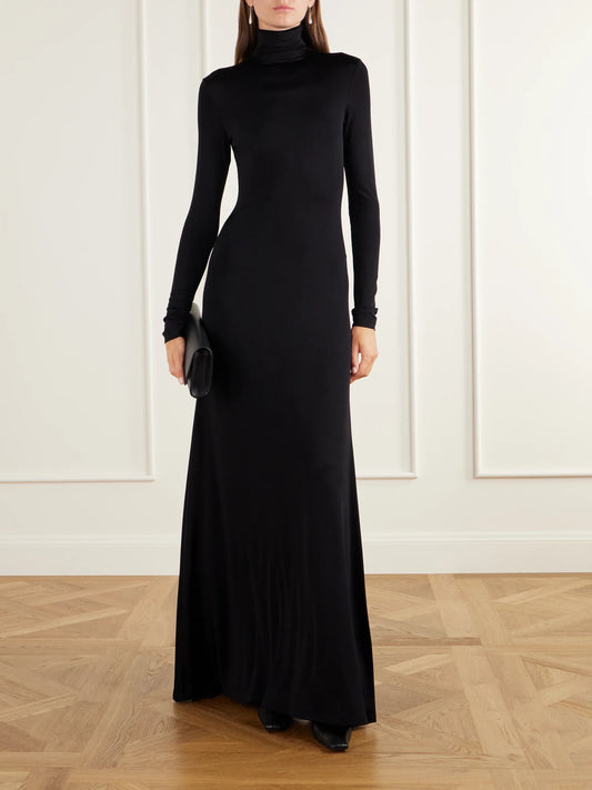 Image of Dresses. Product name - Sacha Jersey Turtleneck Gown in Black colour by brand - TOVE