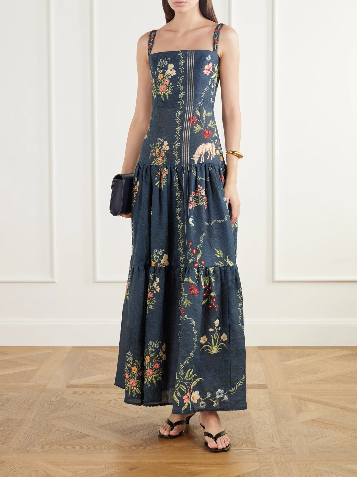 Image of Dresses. Product name - Lima Floral-print Linen Woven Maxi Dress in Green colour by brand - Agua by Agua Bendita