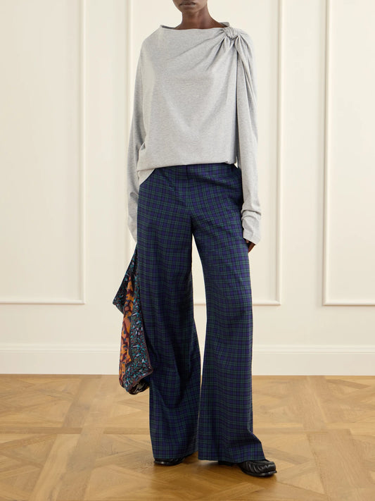 Image of a model wearing Tops. Product name - Gathered Cotton-jersey T-shirt in Gray colour by brand - Dries Van Noten