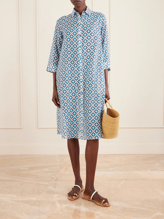 Image of Dresses. Product name - Beachwear Printed Cotton And Silk-blend Midi Dress in Blue colour by brand - Max Mara