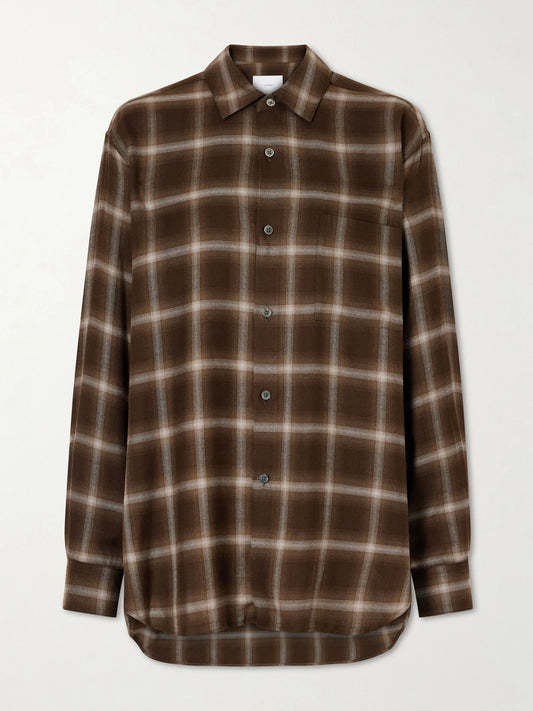 Image of a model wearing Tops. Product name - Checked Lyocell-blend Gauze Shirt in Brown colour by brand - ssstein