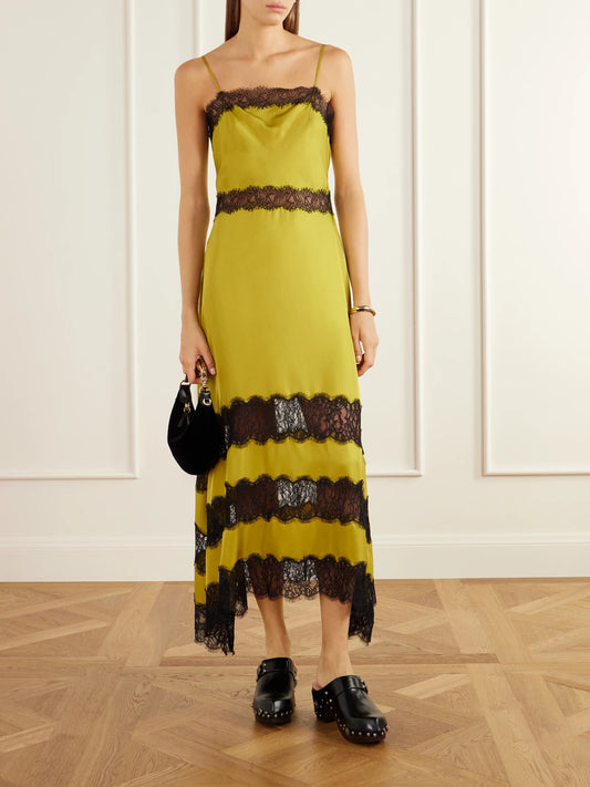 Image of Dresses. Product name - Coco Lace-trimmed Silk-satin Midi Dress in Yellow, Black colour by brand - Ulla Johnson