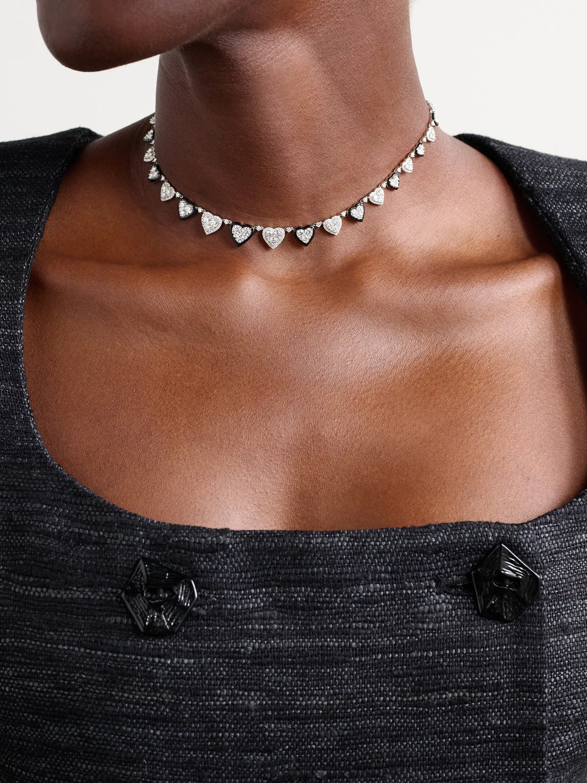 Image of Necklaces. Product name - Heart 18-karat White Gold, Diamond And Enamel Choker in Black colour by brand - Kamyen