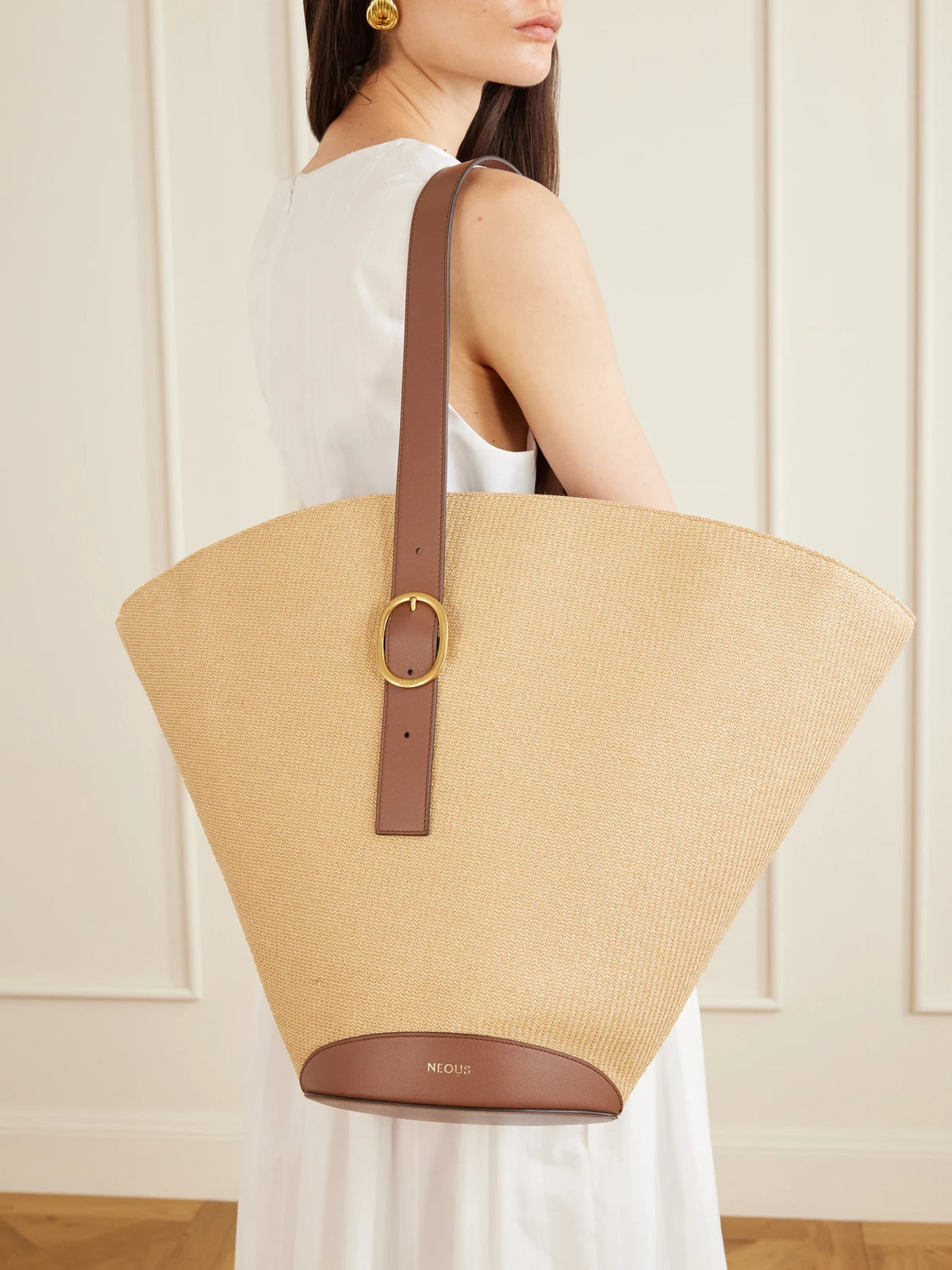 Image of Bags. Product name - Apheli Leather-trimmed Raffia Shoulder Bag in Neutral colour by brand - NEOUS
