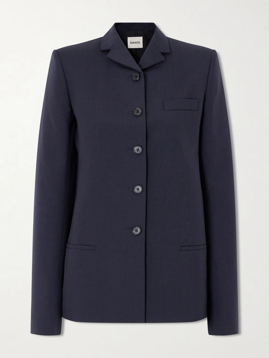 Image of a model wearing Outerwear. Product name - Celton Wool Blazer in Navy colour by brand - KHAITE