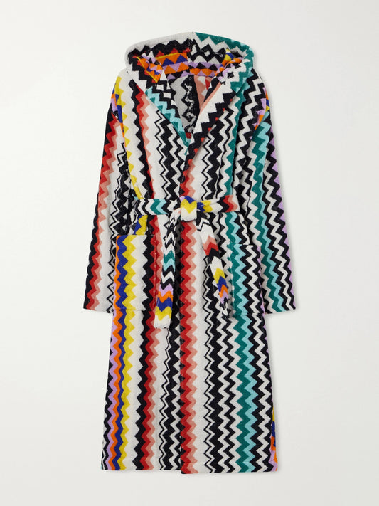 Image of Lingerie. Product name - Hooded Striped Cotton-terry Robe in Blue colour by brand - MISSONI HOME