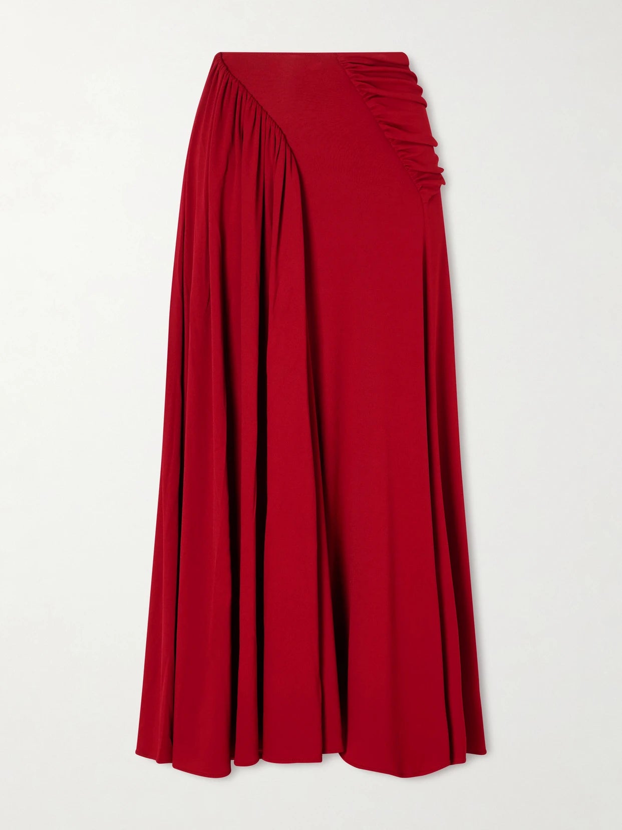 Image of a model wearing Skirts. Product name - Ruched Chiffon Maxi Skirt in Red colour by brand - RABANNE