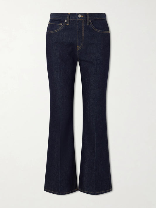 Image of Jeans. Product name - Clara Mid-rise Flared-leg Jeans in Indigo colour by brand - KHAITE