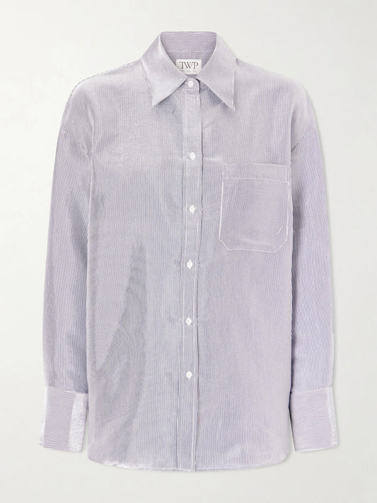 Image of a model wearing Tops. Product name - Big Joe Striped Cotton-blend Garbardine Shirt in Multi colour by brand - TWP