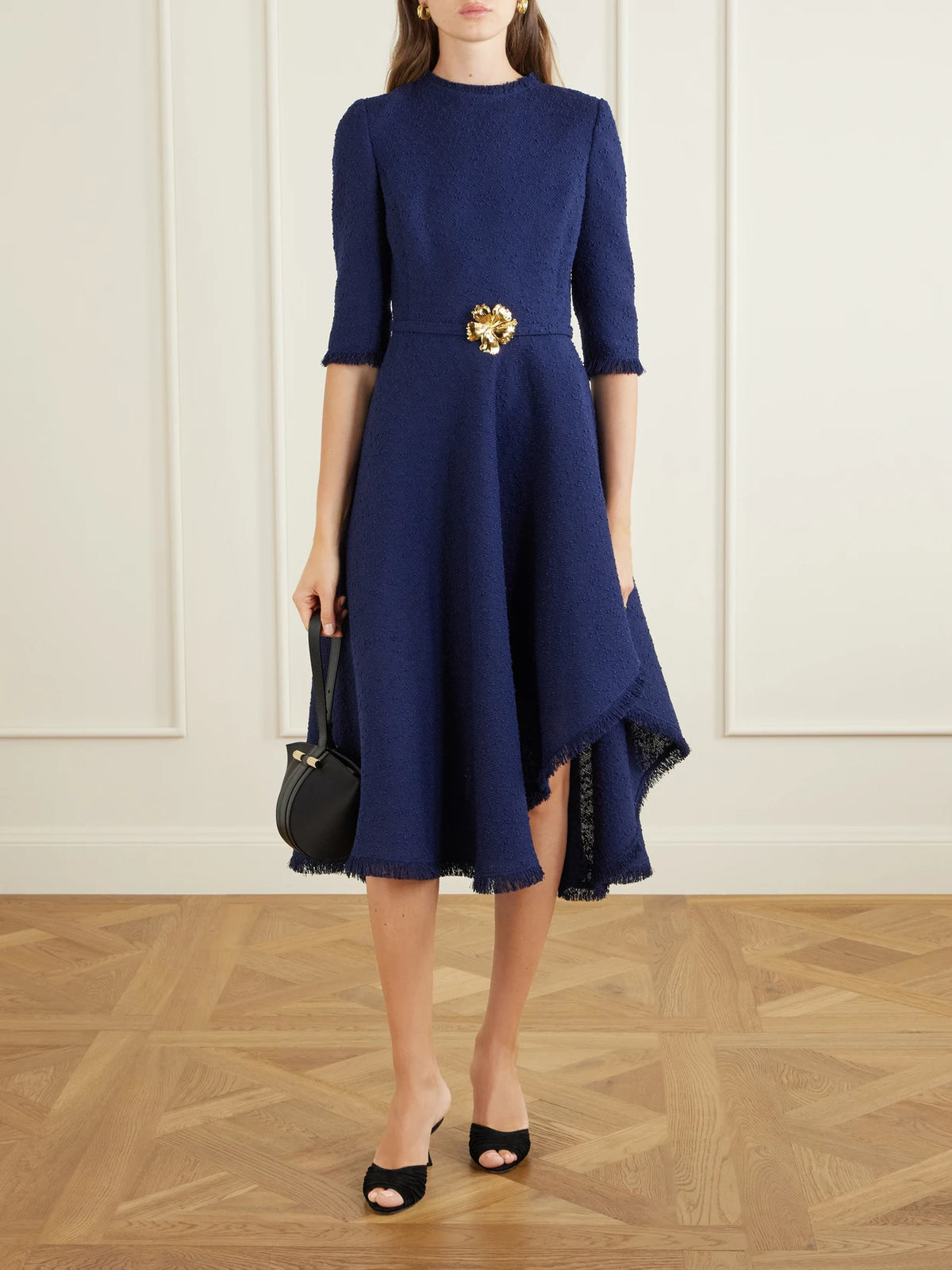 Image of Dresses. Product name - Embellished Tweed Midi Dress in Navy colour by brand - Oscar de la Renta