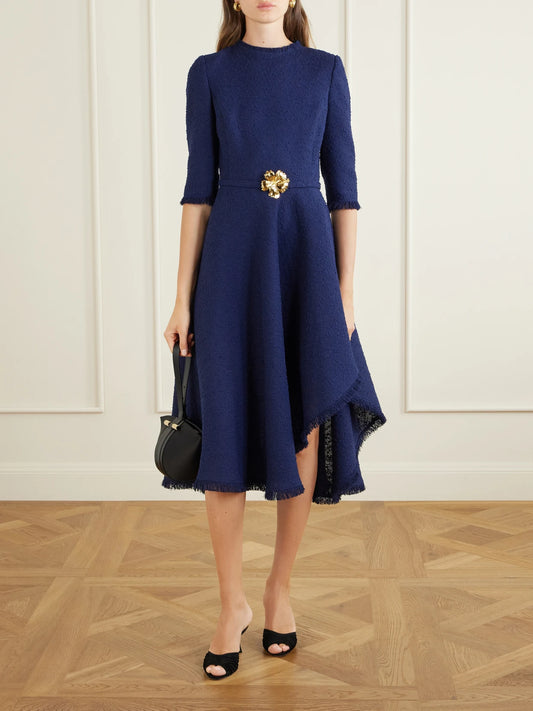 Image of Dresses. Product name - Embellished Tweed Midi Dress in Navy colour by brand - Oscar de la Renta