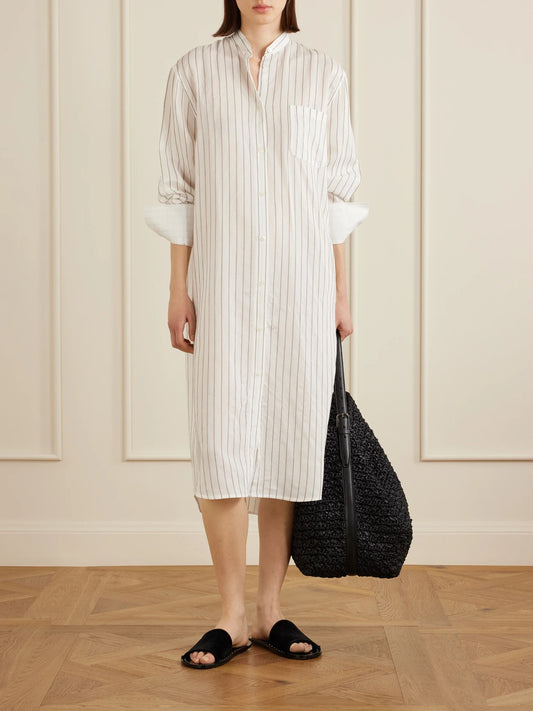 Image of Dresses. Product name - Striped Voile Midi Dress in White colour by brand - TOTEME