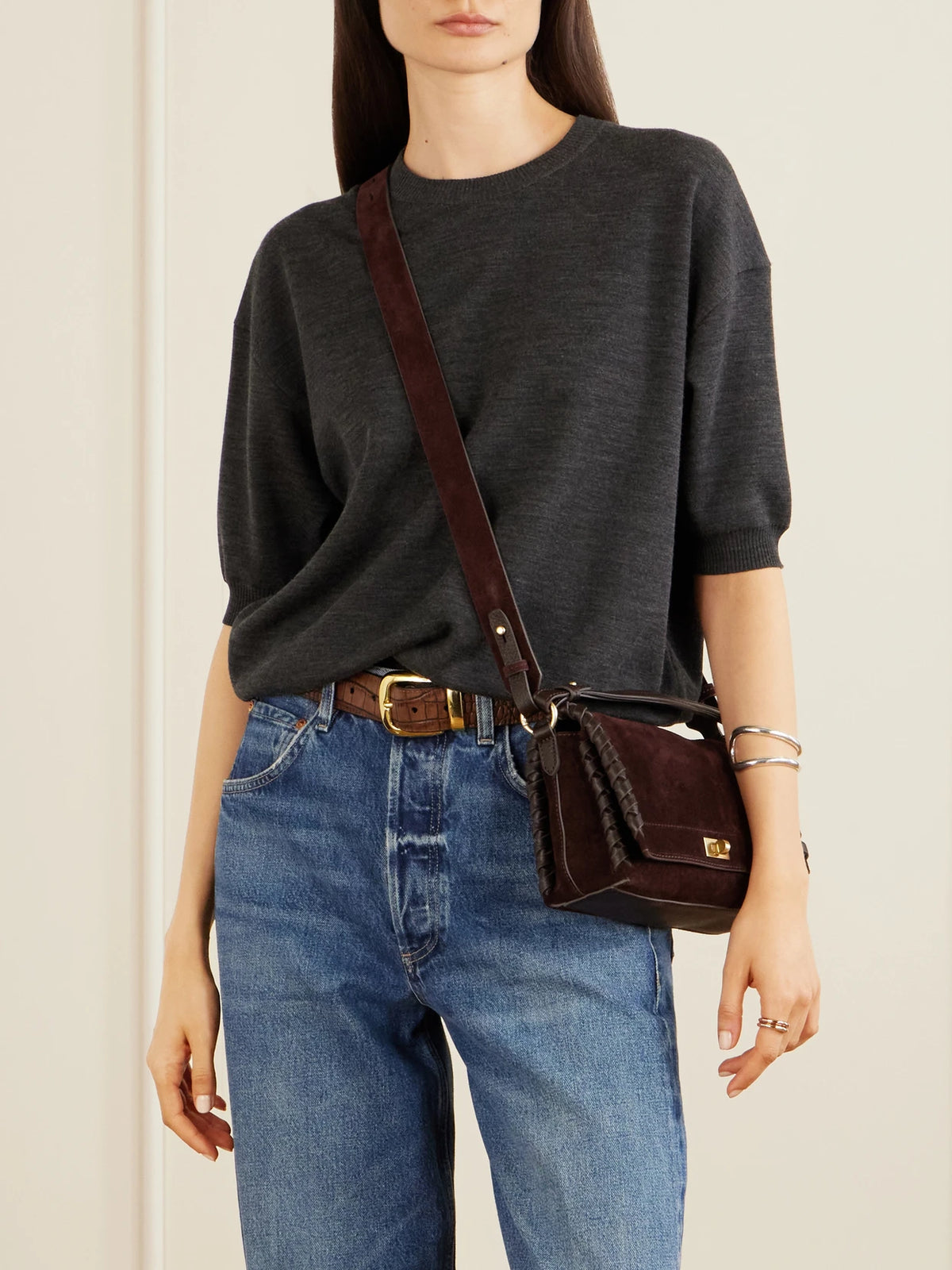 Image of Bags. Product name - Mortimer Suede Leather Bag in Burgundy colour by brand - Anya Hindmarch