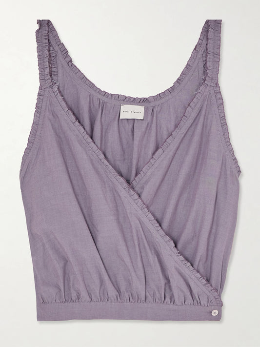 Image of Blouses. Product name - Overlie Frayed Wrap-effect Organic Cotton Camisole in Purple colour by brand - Deiji Studios