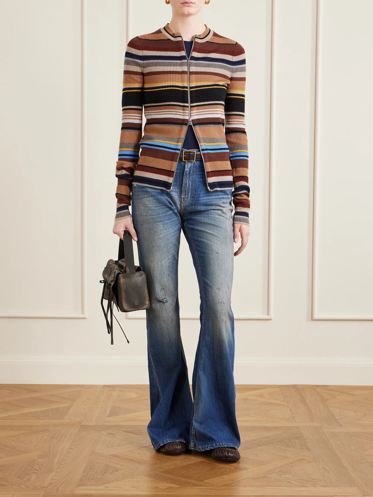 Image of Jeans. Product name - Distressed High-rise Flared Jeans in Mid denim colour by brand - Acne Studios