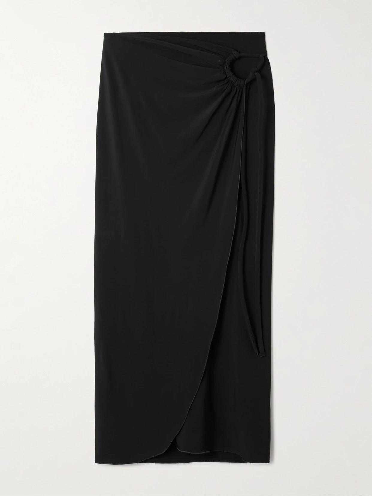 Image of a model wearing Skirts. Product name - Gathered Jersey Wrap-effect Maxi Skirt in Black colour by brand - Max Mara