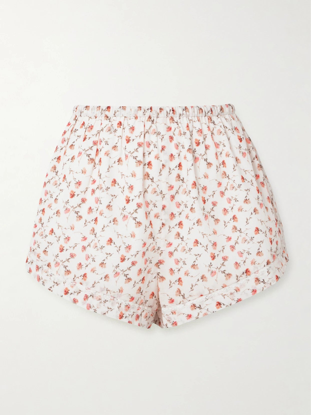 Image of a model wearing Shorts. Product name - Charlotte Lace-trimmed Floral-print Cotton Shorts in White colour by brand - Posse