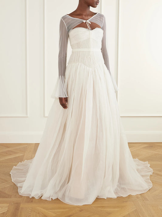 Image of a model wearing Tops. Product name - Lulu Tulle-chiffon Bolero in Ivory colour by brand - Danielle Frankel