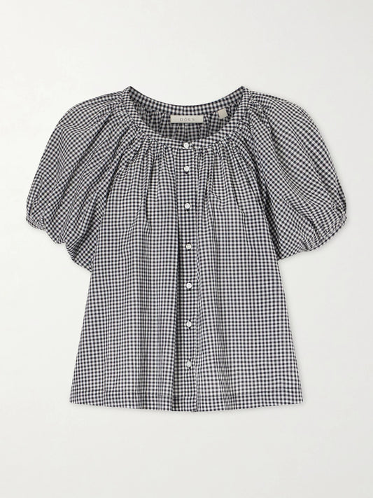 Image of a model wearing Tops. Product name - June Gathered Checked Cotton Blouse in Black colour by brand - DÔEN