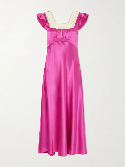 Image of Dresses. Product name - Corina Lace-trimmed Silk-satin Midi Dress in Pink colour by brand - DÔEN