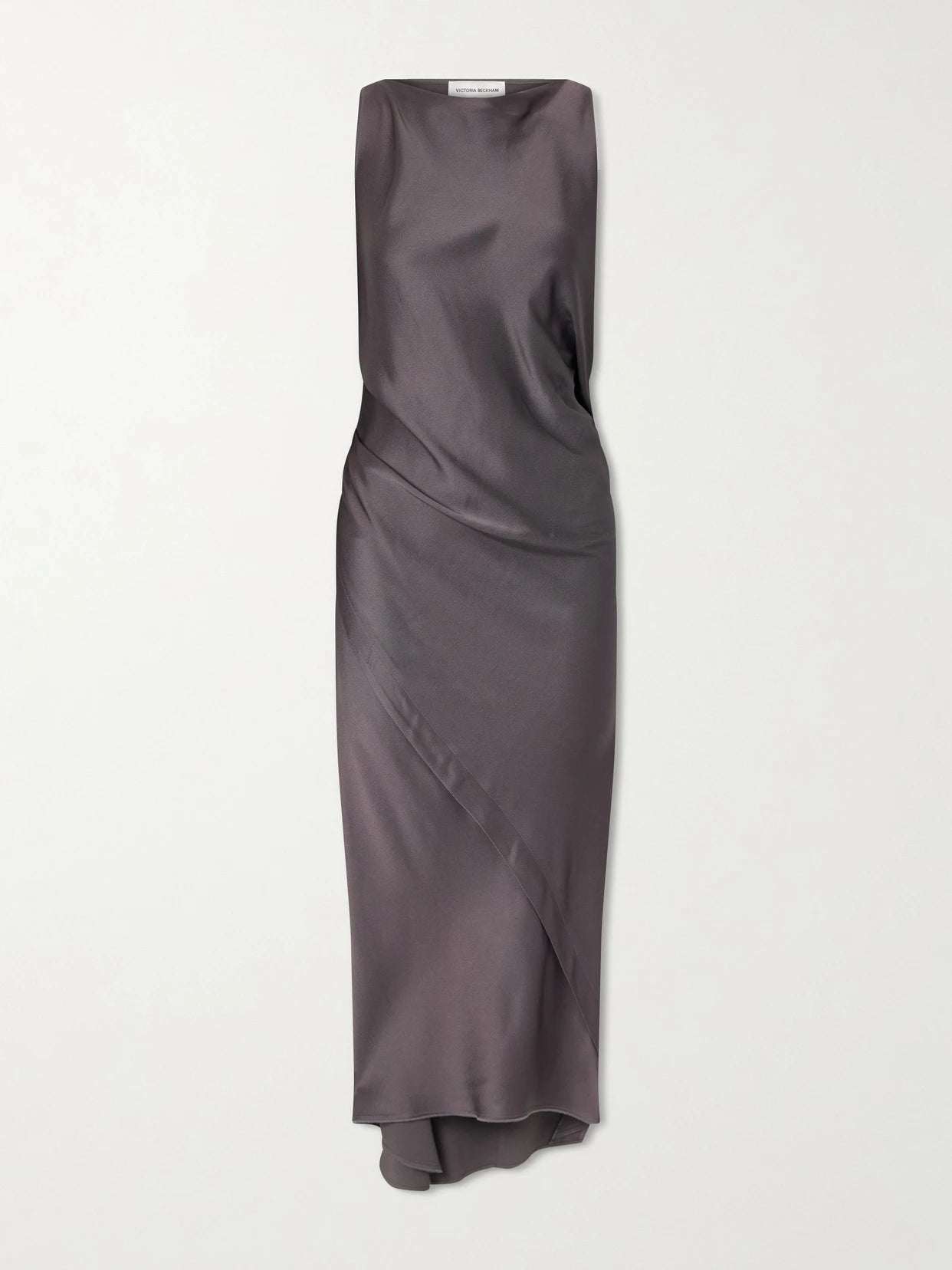 Image of Dresses. Product name - Draped Satin Midi Dress in Taupe colour by brand - Victoria Beckham