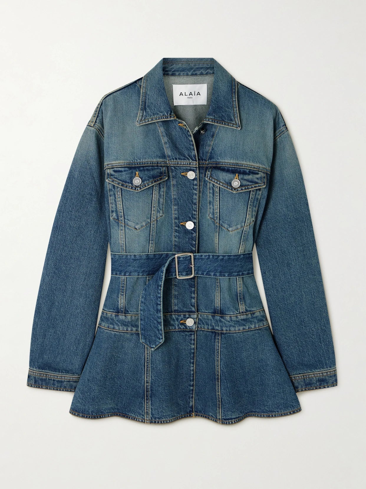Image of Coats & Jackets. Product name - Belted Denim Peplum Jacket in Blue colour by brand - Alaïa