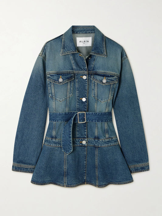 Image of Coats & Jackets. Product name - Belted Denim Peplum Jacket in Blue colour by brand - Alaïa