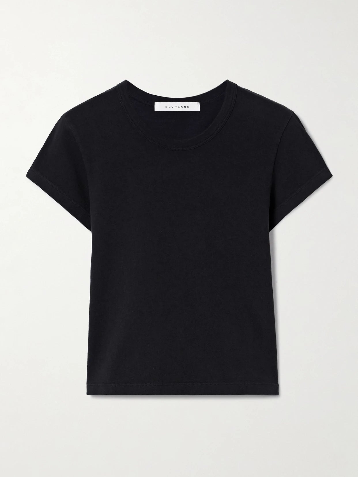 Image of a model wearing Tops. Product name - Easy Cotton-jersey T-shirt in Black colour by brand - SLVRLAKE