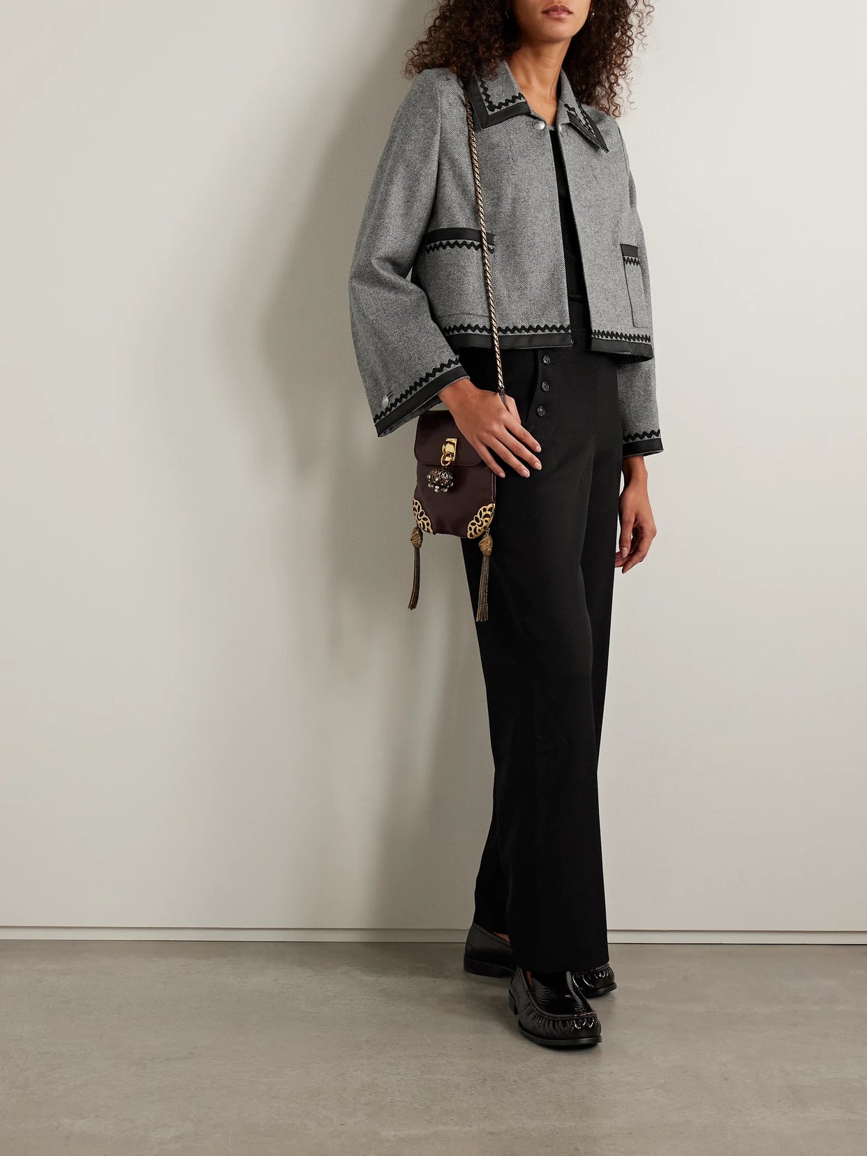 Image of Coats & Jackets. Product name - Dovecote Cropped Cotton Twill-trimmed Wool-twill Jacket in Gray colour by brand - BODE