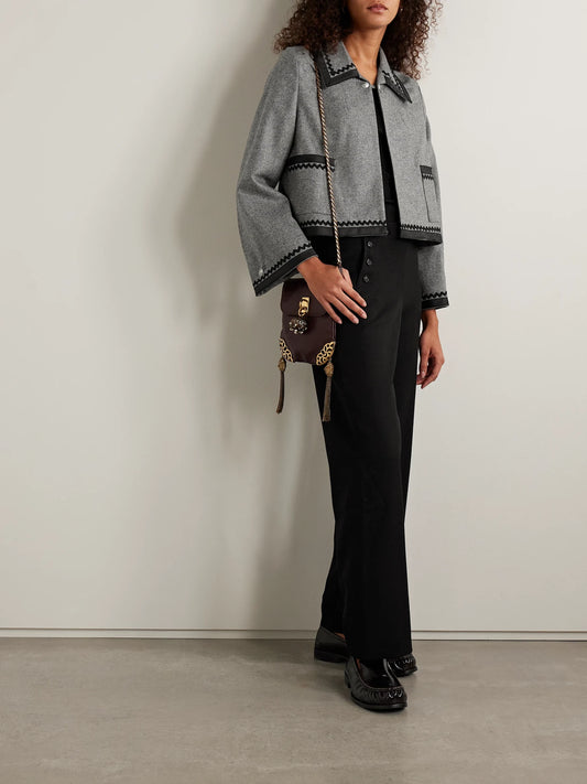 Image of Coats & Jackets. Product name - Dovecote Cropped Cotton Twill-trimmed Wool-twill Jacket in Gray colour by brand - BODE