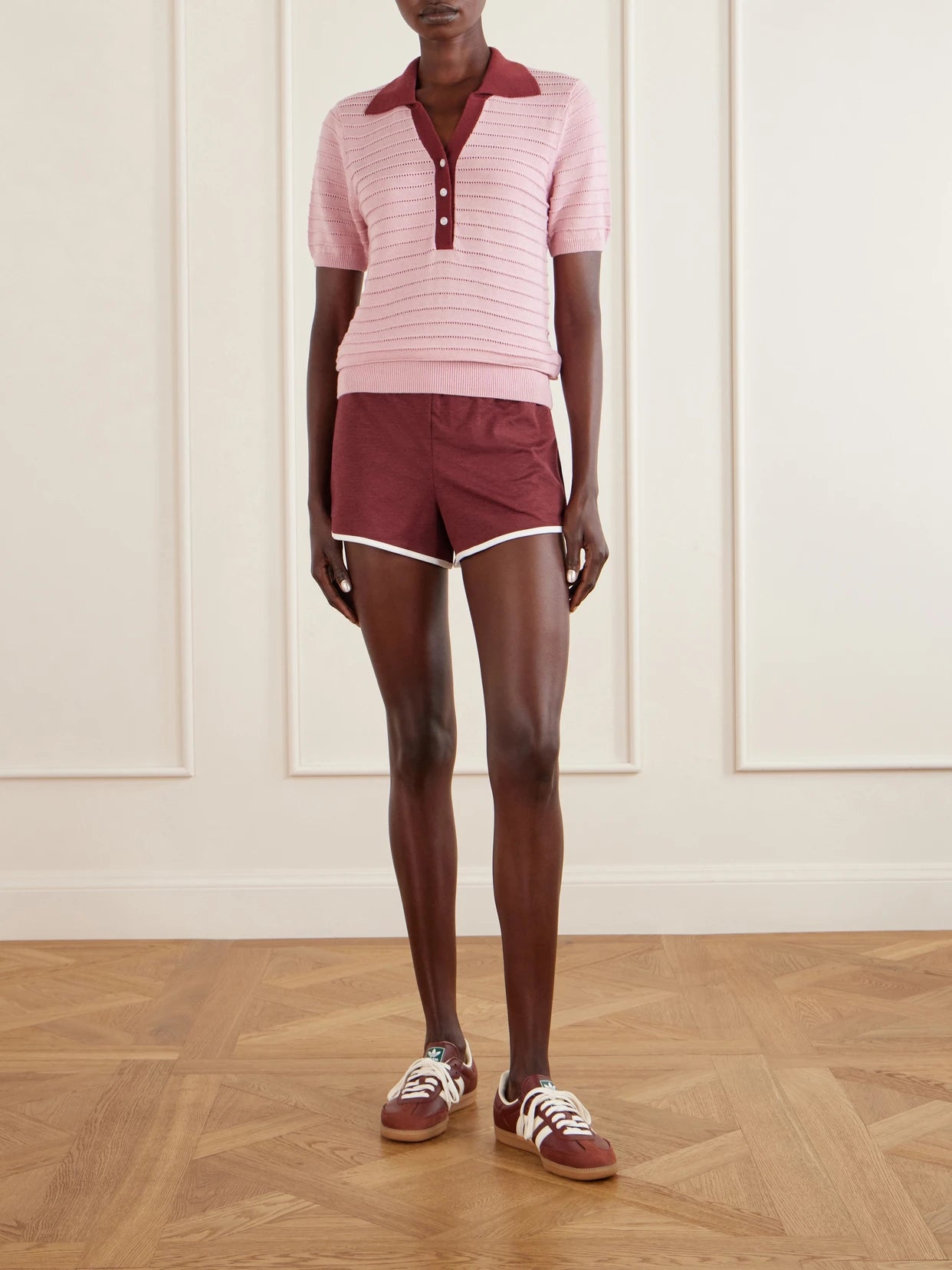 Image of a model wearing Shorts. Product name - Marty Jersey Shorts in Burgundy colour by brand - Varley