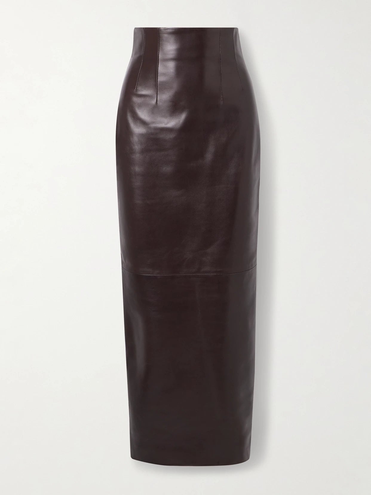 Image of a model wearing Skirts. Product name - Loxley Leather Maxi Skirt in Dark brown colour by brand - KHAITE