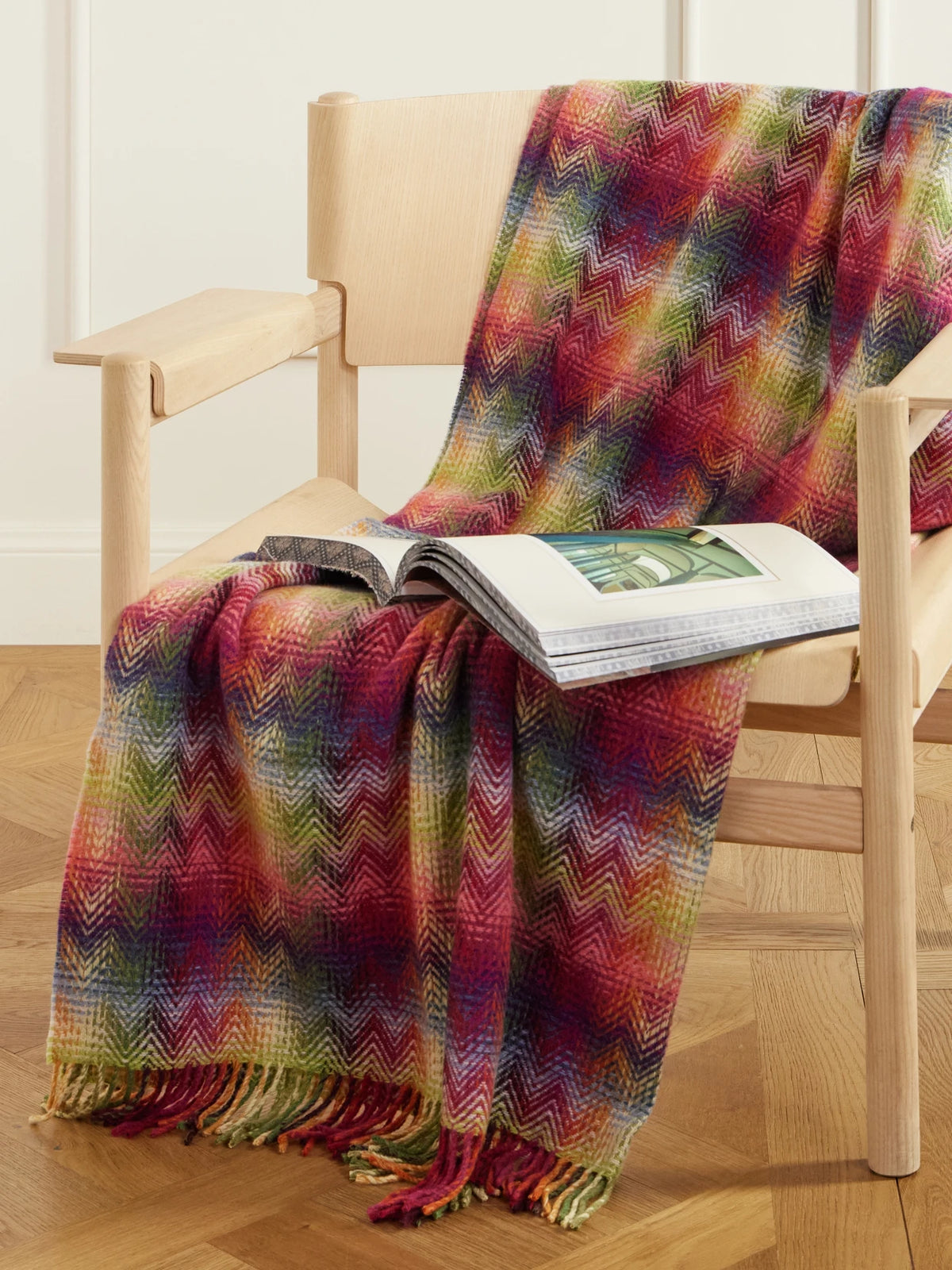 Image of Chair & Sofa Cushions. Product name - Montgomery Fringed Striped Recycled Wool-blend Throw in Multi colour by brand - MISSONI HOME