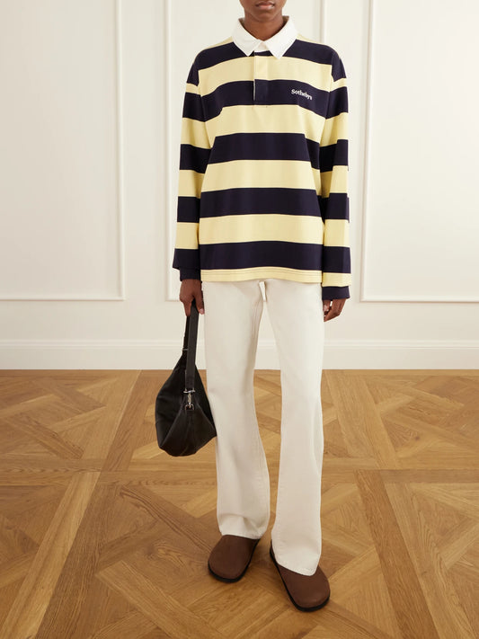 Image of a model wearing Tops. Product name - + Sotheby's Striped Cotton-jersey Polo Sweater in Yellow colour by brand - FRAME